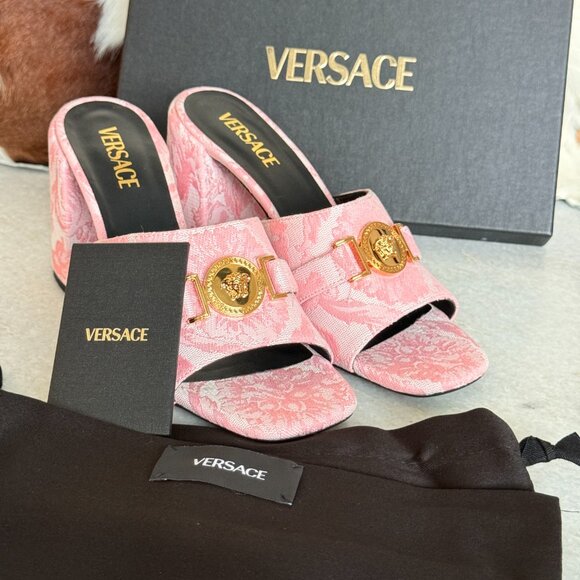 VERSACE Women's Medusa Mule Jacquard Pink Fabric Sandals heels, Sz. 41 - Picture 2 of 14